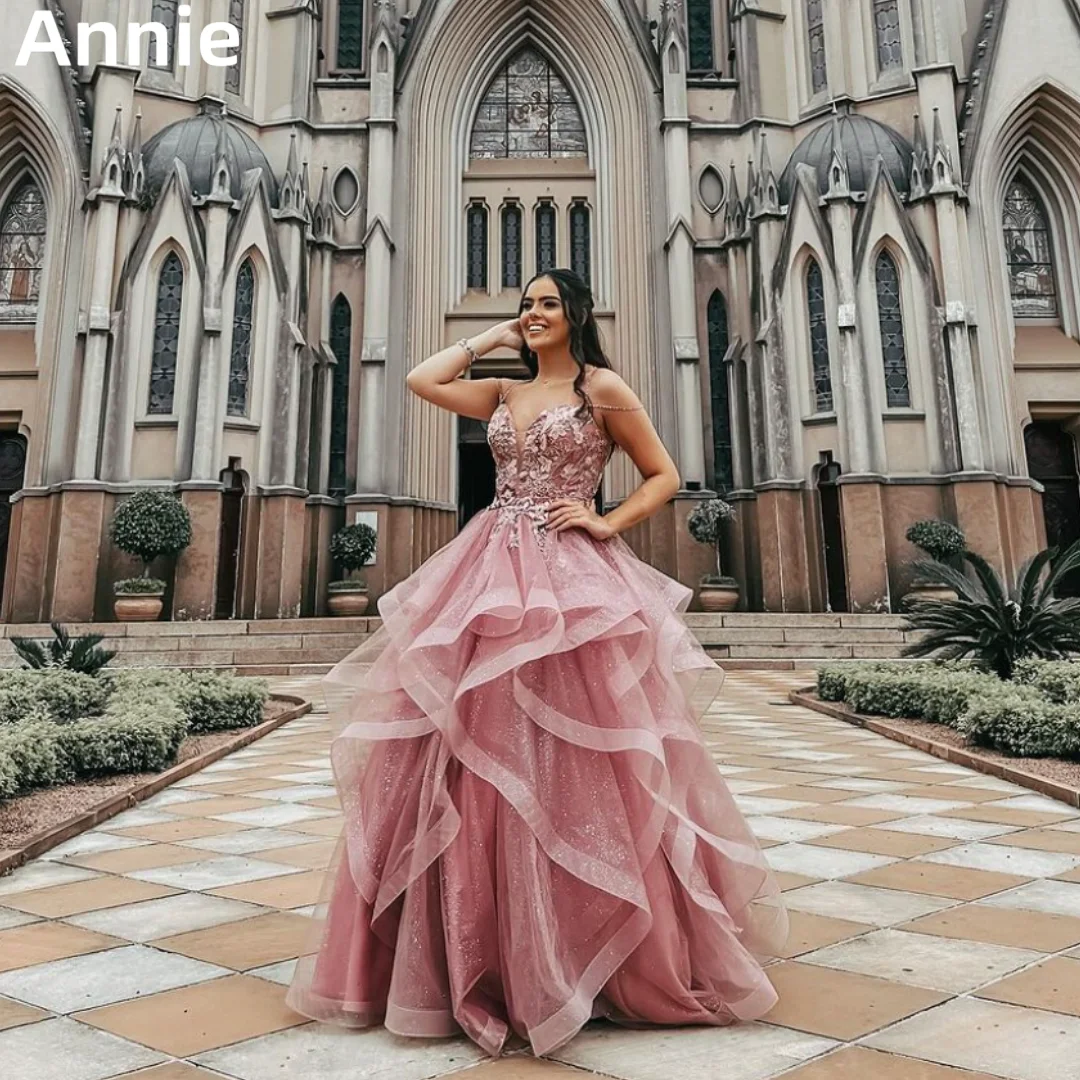 

Annie Sweet Pink Prom Dresses Lace Embroidered Fluffy Ruffles Evening Dresses Princess Graduation Party Dresses Wedding Dress