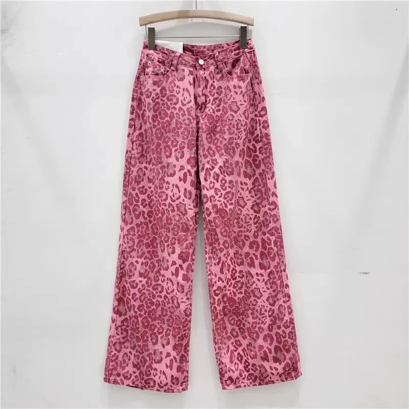 

Pink Leopard Print Dipped Casual Pants Women Spring 2024 New Lazy Style Straight Leg Wide Leg Pants Slim Look Trousers