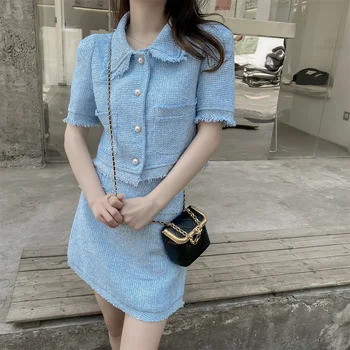 Traje Elegante de Inverno Midi Estilo Britânico para Mulheres 8 Chic Style Two-Piece Set for Women, 2024 Summer Elegant Lady’s Coarse Tweed Short Jacket and High Waist Hip-Wrapped Half Skirt