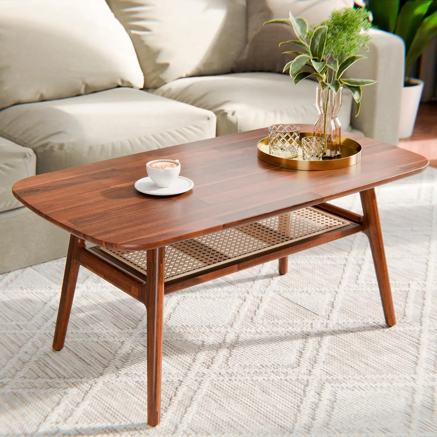 

Bme Nancy Solid Acacia Wood Coffee Table for Living Room, Spacious Oval-Shaped 237 Lbs Top Capacity, Rattan Shelf Below