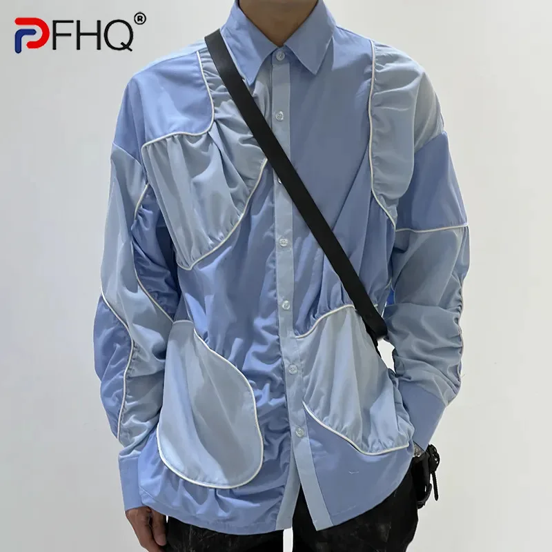 

PFHQ Men's Blue Pleated Twisted Long Sleeved Shirts Autumn Popular Lapel Contrast Color Comfortable Original Chic Tops 21Z2576
