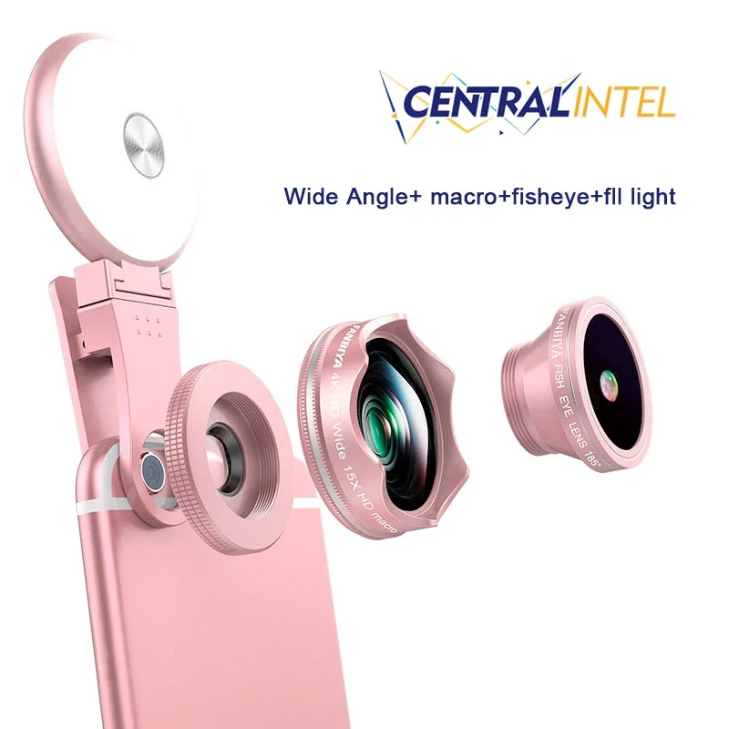 

4 in 1 Smart Phone Lens 15x Macro Phone Camera Lenses HD 150° Super Wide Angle Professional Lens With LED Light For Smartphones