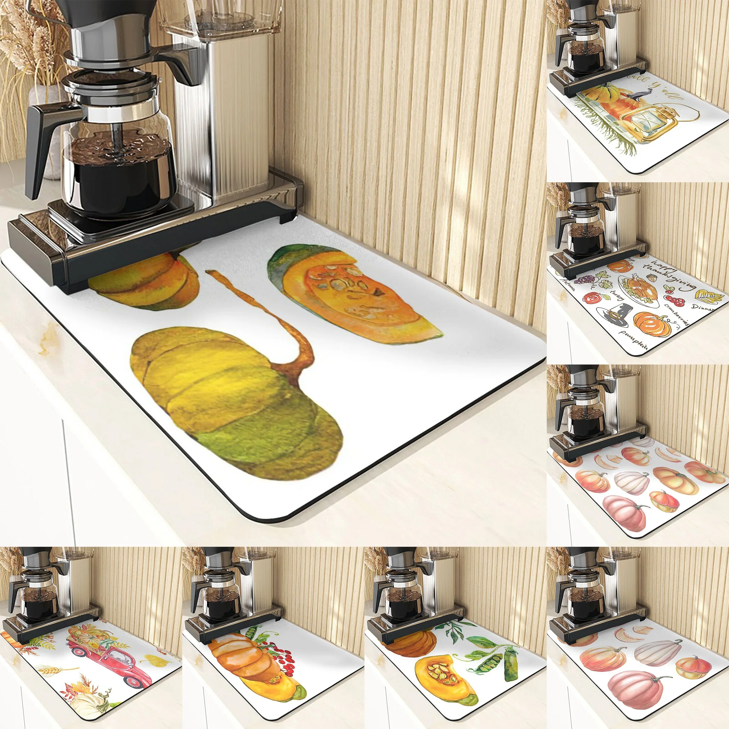 

Multicolor Pumpkin Harvest Food Drain Mat Kitchen Countertop Absorbent Mat Non-Slip Thanksgiving Forest Home Table Washable Mats