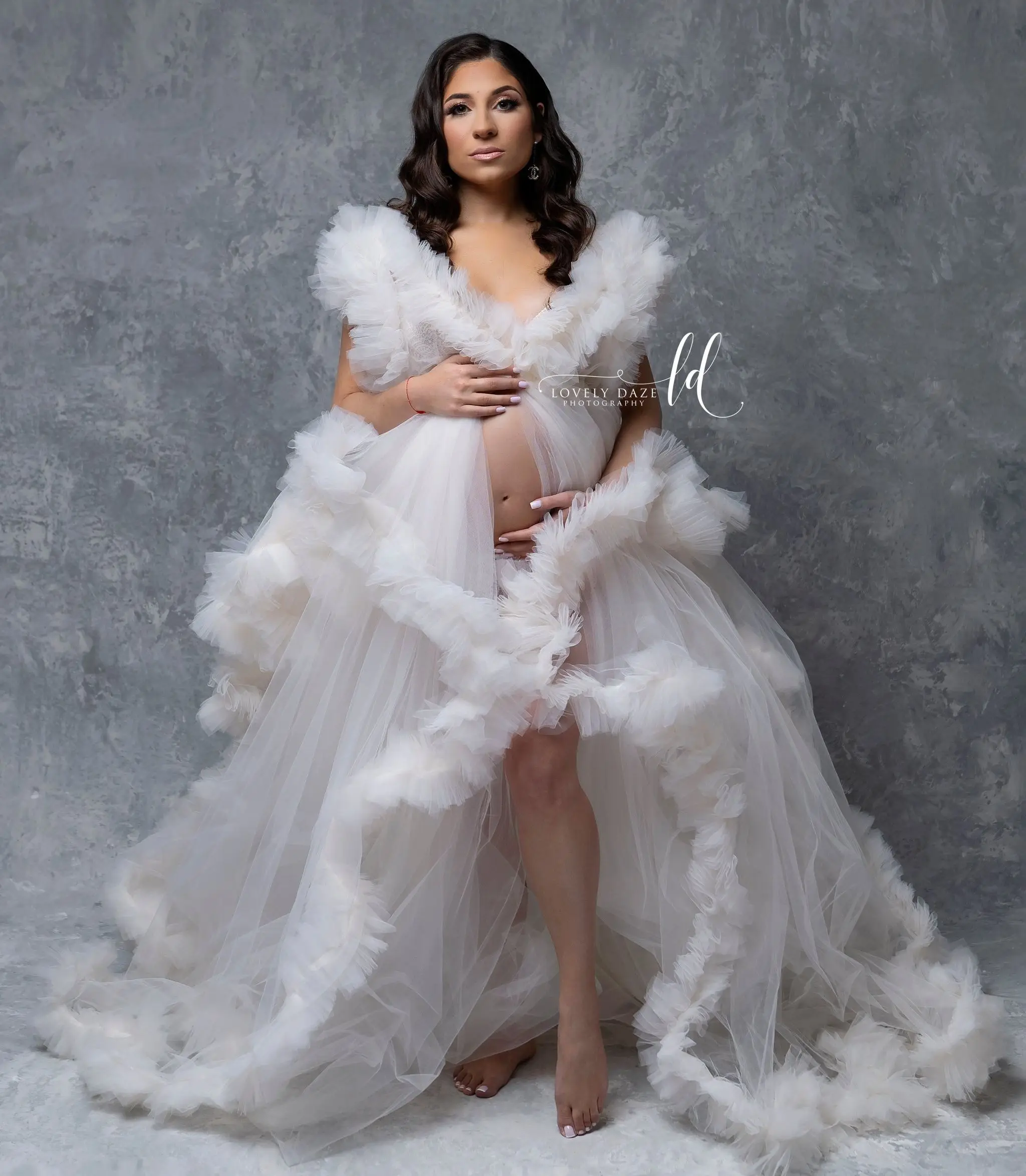 

Elegant Ivory Maternity Dress for Photoshoot Front Split Women Prom Dress Evening Party Gown Ruffles Pregnancy Babyshower