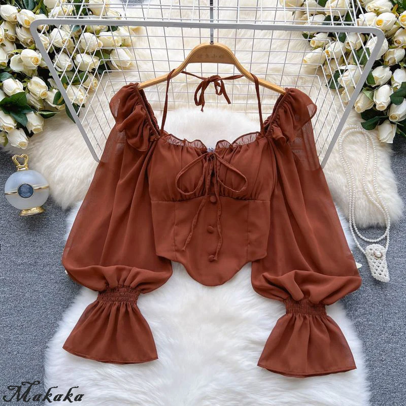 Makaka- Flare Sleeve Women Tops Ruffle Solid Elastic Waist Halter Backless Chiffon Slim Ladies Harajuku Sexy Short Blouse
Makaka- Flare Sleeve Women Tops Ruffle Solid Elastic Waist Halter Backless Chiffon Slim Ladies Harajuku Sexy Short Blouse
