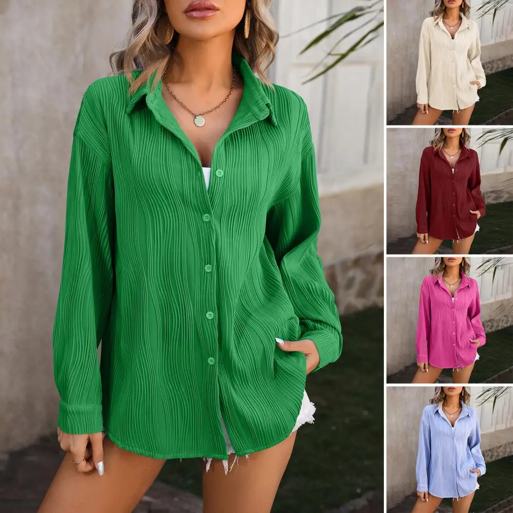 

Wavy Texture Design Top Elegant Women's Office Shirt with Long Sleeve Lapel Textured Button Down Blouse for Workwear for Spring