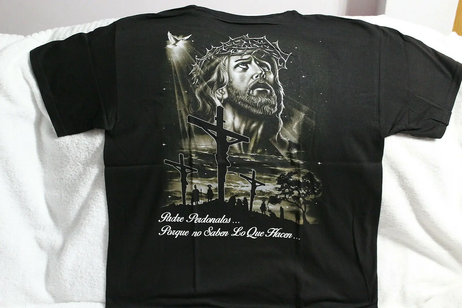 

JESUS WITH CROWN OF THORNS CROSS DOVE PADRE PERDONALOS BLACK T-SHIRT Men's 100% Cotton Casual T-shirts Loose Top Size S-3XL