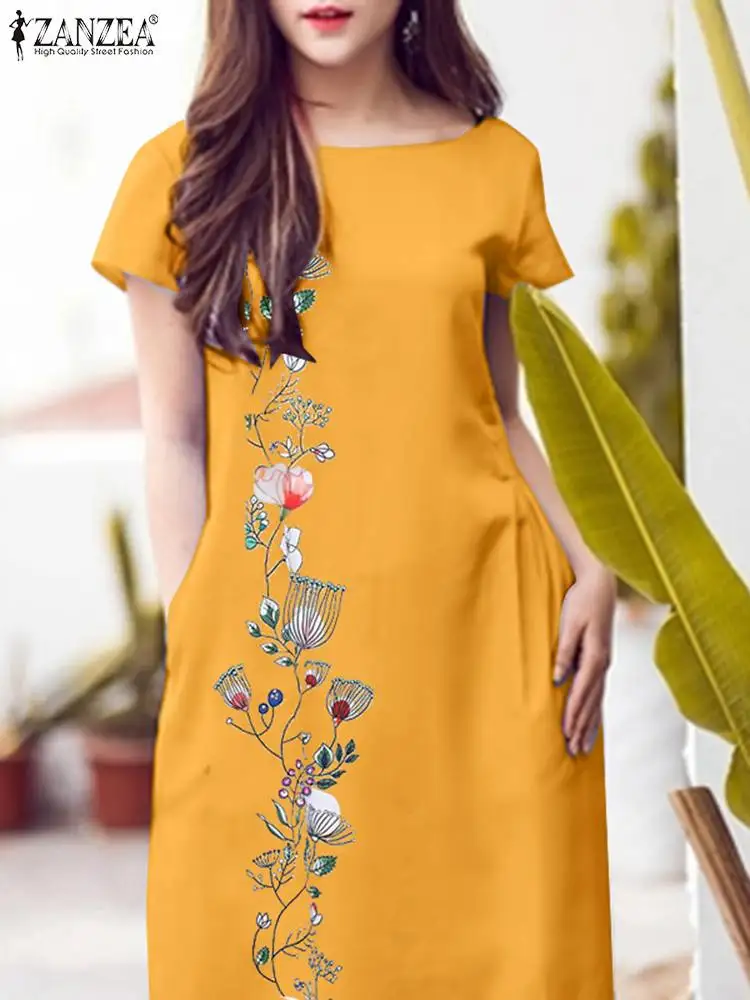 

Винтажное однотонное женское платье ZANZEA в стиле ретро, летние платья с коротким рукавом и цветочным принтом, повседневные свободные праздничные длинные халаты с круглым вырезом, 2024
