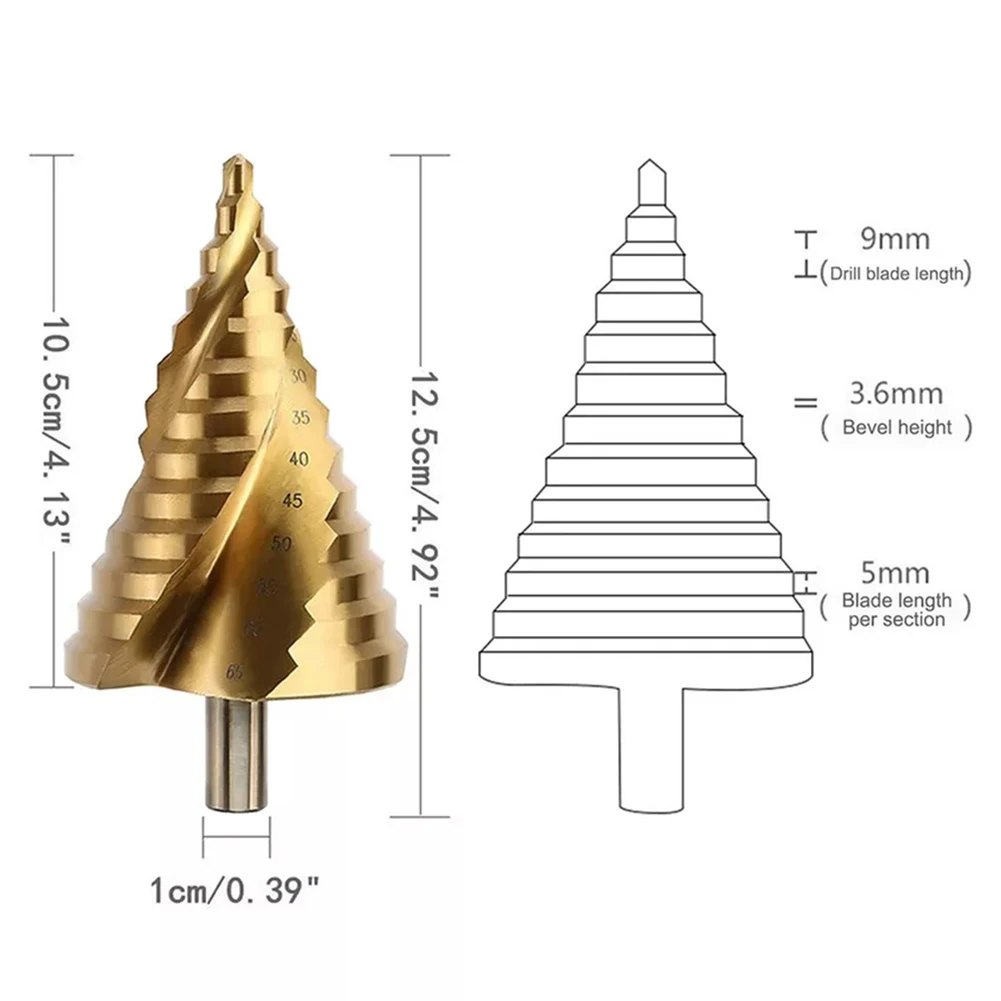 6-65mm HSS Step Drill Bit Large Titanium Coated Step Drill Spiral Groove Pagoda Hole Cutter Woodworking Power Tool Drill Bits
6-65mm HSS Step Drill Bit Large Titanium Coated Step Drill Spiral Groove Pagoda Hole Cutter Woodworking Power Tool Drill Bits