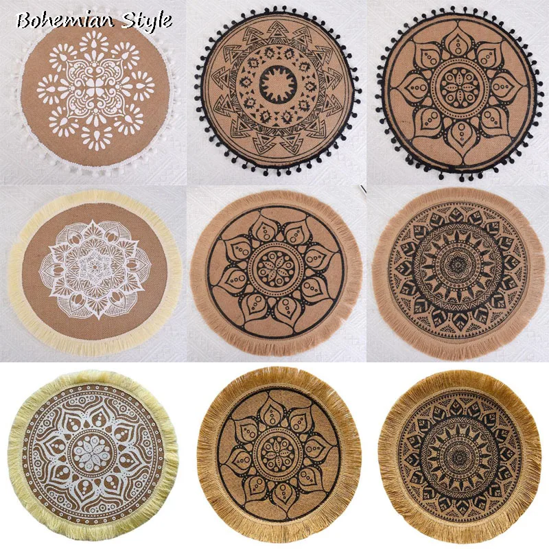 Bohemian round Natural Jute Burlap Printed table place mat Cloth placemat coaster kitchen Table decoration and accessories
Bohemian round Natural Jute Burlap Printed table place mat Cloth placemat coaster kitchen Table decoration and accessories