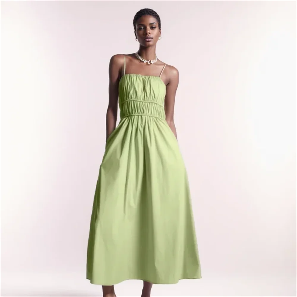 

Cos Lris 2024 Summer Women's Elegance Versatile Hanging Strap Open Back Lacing Solid Color A-line Dress