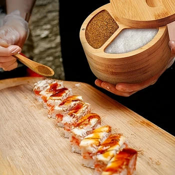 대나무 조미료 상자 숟가락 회전 커버 양념 상자 조미료 용기 설탕 소금 후추 항아리 조미료 피크닉 가제트 상품 이미지