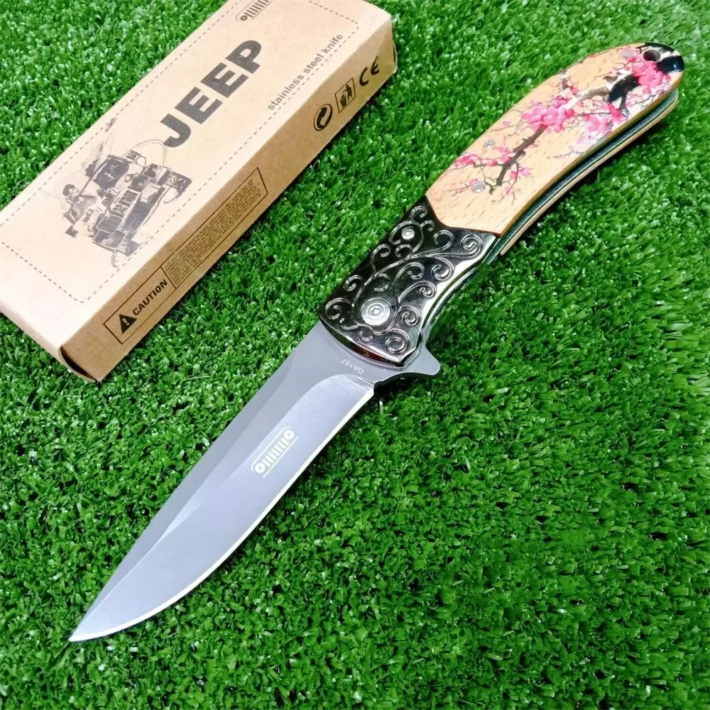 

New Jeep DA157 Folding Pocket Knife Perilla Tree+steel Handle Outdoor Camping Hunting Knives Tactical Survival EDC Tool for Gift