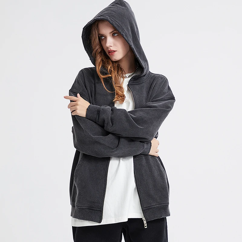 

High Street Retro Washed Black Zip Hoodie Jackets for Men and Women Blank Harajuku Oversized Damaged Casual Sweatshirts Hooded
