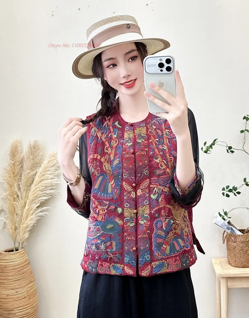 

2024 chinese vintage hanfu tops traditional o-neck folk vest national flower embroidery jacquard vest oriental sleeveless jacket