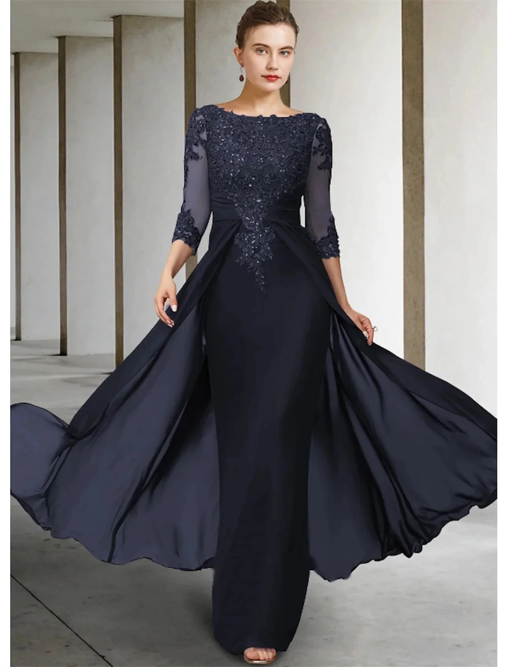 

Column Mother of the Bride Dress Formal Gowns Elegant Sparkle Shine Jewel Neck Asymmetrical Floor Chiffon Lace 3/4 Length