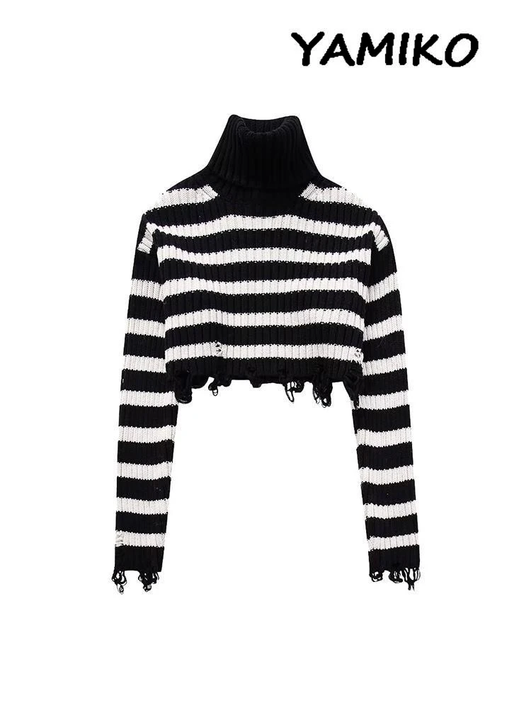 

Frayed Hem Striped Sweaters For Women Long Sleeve Cropped Tops Female Tutleneck Knit Sweater Fashion Streetwear Woman Knitwears