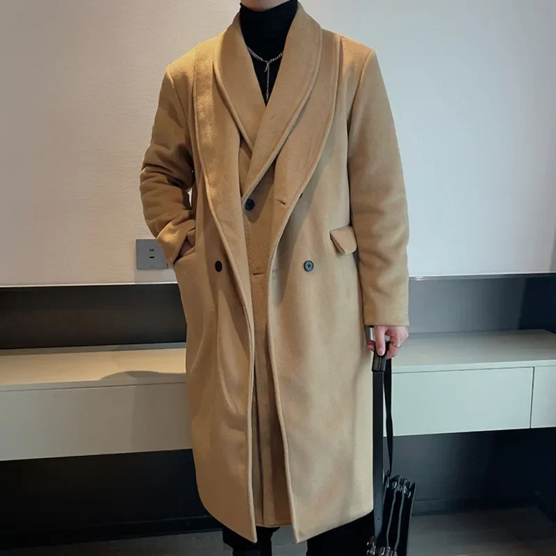 

Мужское шерстяное пальто из двух частей, теплая шерстяная ветровка, однотонная мужская длинная верхняя одежда высокого качества, длинная куртка для мужчин