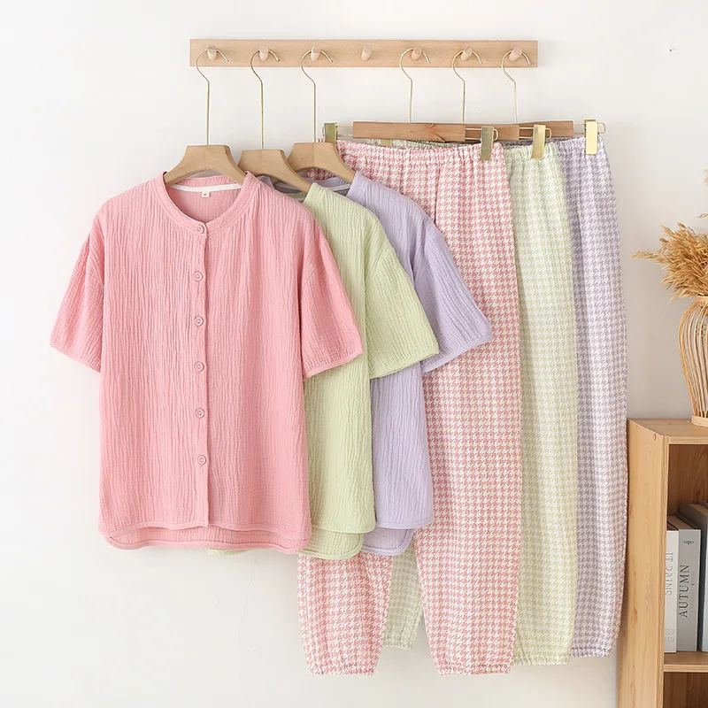 Thin Short Sleeved Shirt Tops with Plaid Long Trousers 2 Pcs Pajamas Set for Women Spring Summer and Autumn Loose Home Clothes
Thin Short Sleeved Shirt Tops with Plaid Long Trousers 2 Pcs Pajamas Set for Women Spring Summer and Autumn Loose Home Clothes