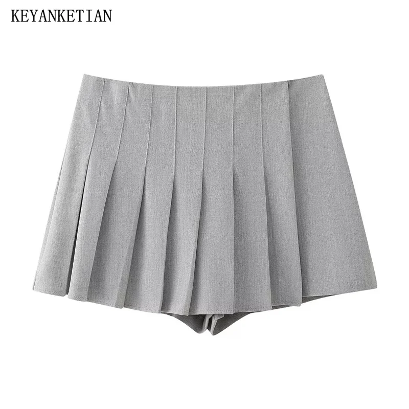 

KEYANKETIAN 2024 New Launch Women's Light Gray Pleated Skirt Preppy Style Zipper Low-Rise A-Line Mini Skirt Y2K Spicy Girl Skort