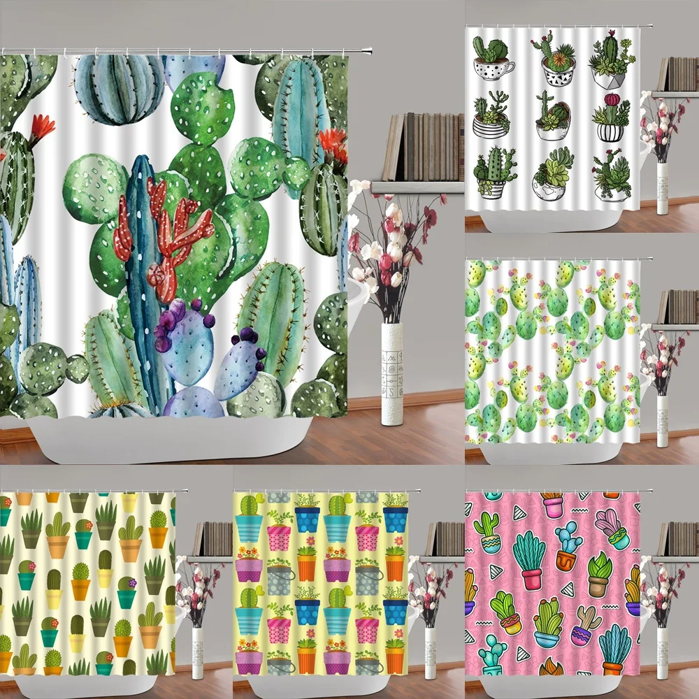 

Cactus Shower Curtain Sets with Hooks Tropical Plants Blossom Flowers Green Succulents Bathroom Decor Curtains Waterproof Fabric