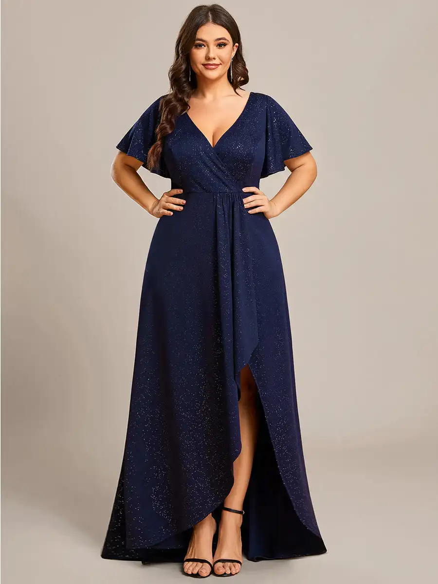 

Plus Evening Dresses Glitter High-Low Front Side Slit Ruffled V-Neck Ever Pretty 2024 of Shiny Navy Blue Bridesmaid Dress