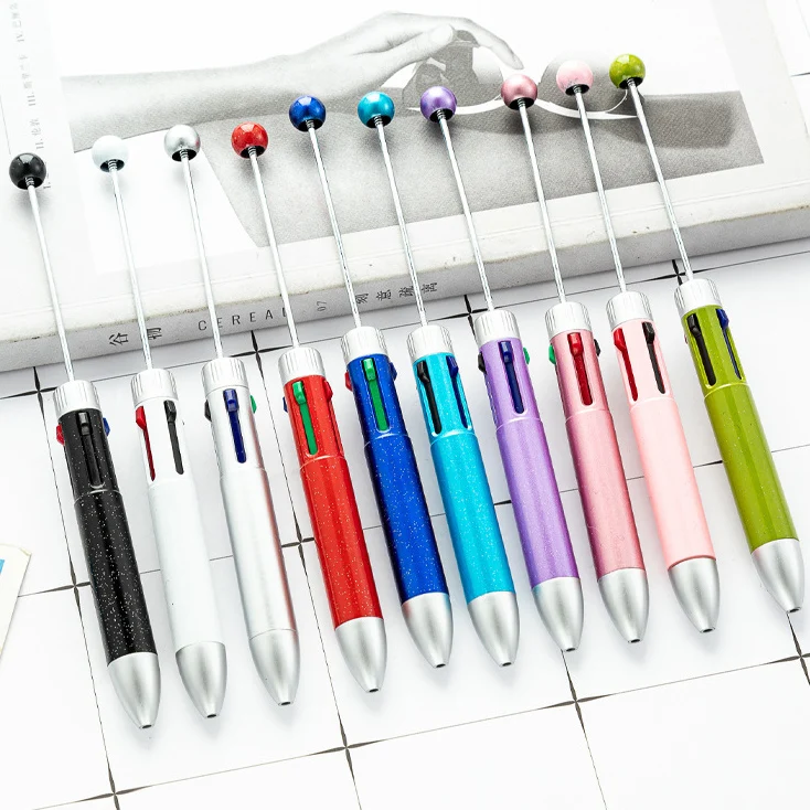 

10Pcs New Diy Four-color Beaded Pens Wholesale Multi-color Plastic Ballpoint Pen Students 4 in 1 Account Pen