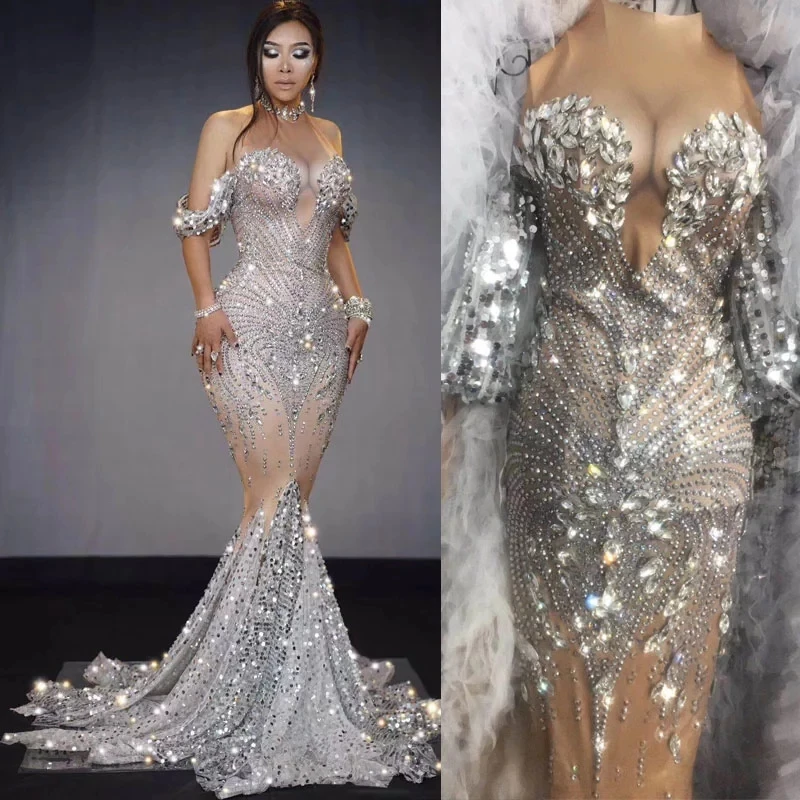 Sparkly Sequins Nude Dress Sexy Full Stones Long Big Tail Dress Costume Celebrate Dresses Prom Birthday Drag queen stage costume
Sparkly Sequins Nude Dress Sexy Full Stones Long Big Tail Dress Costume Celebrate Dresses Prom Birthday Drag queen stage costume