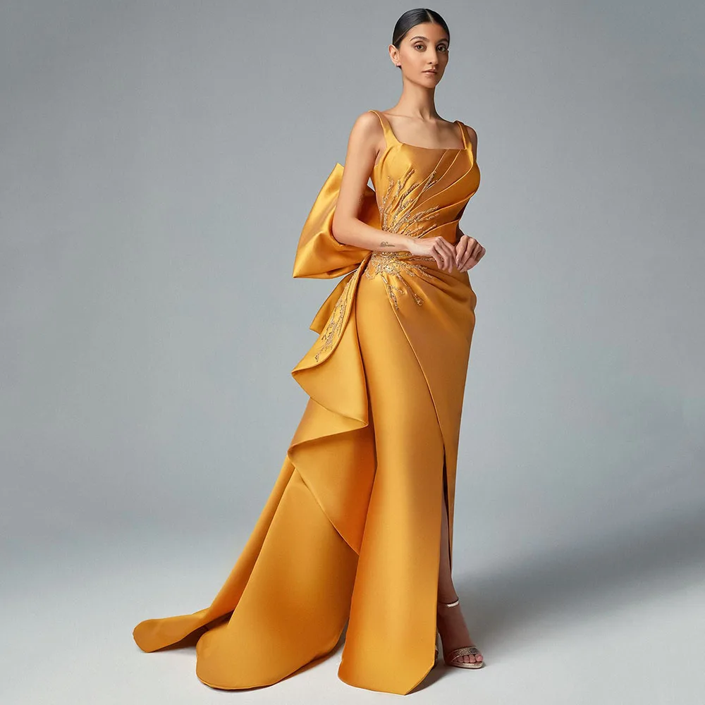 Pleats Backless Big Bow Beaded Party 2023 Elegant Yellow Satin Square Collar Formal Occasion Evening Gowns Vestidos
Pleats Backless Big Bow Beaded Party 2023 Elegant Yellow Satin Square Collar Formal Occasion Evening Gowns Vestidos