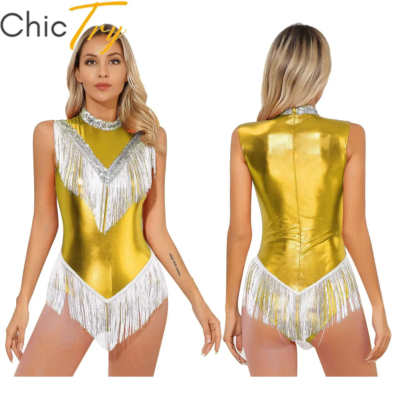 

Womens Sparkly Latin Dance Leotard with Tassels Sequins Rhythmic Gymnastics Dance Bodysuit Ballerina Jazz Dancing Stage Costume