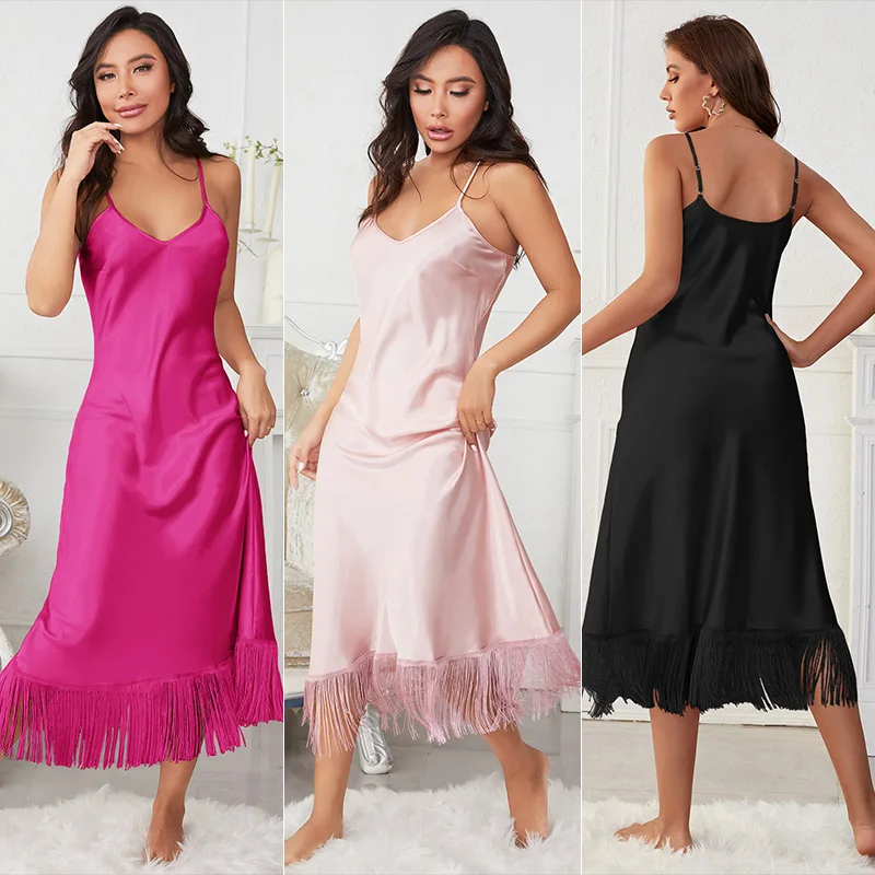 

Women Suspender Nightdress Tassels V-neck Long Dress High Quality Spring Summer Homewear Party Female Nightgown