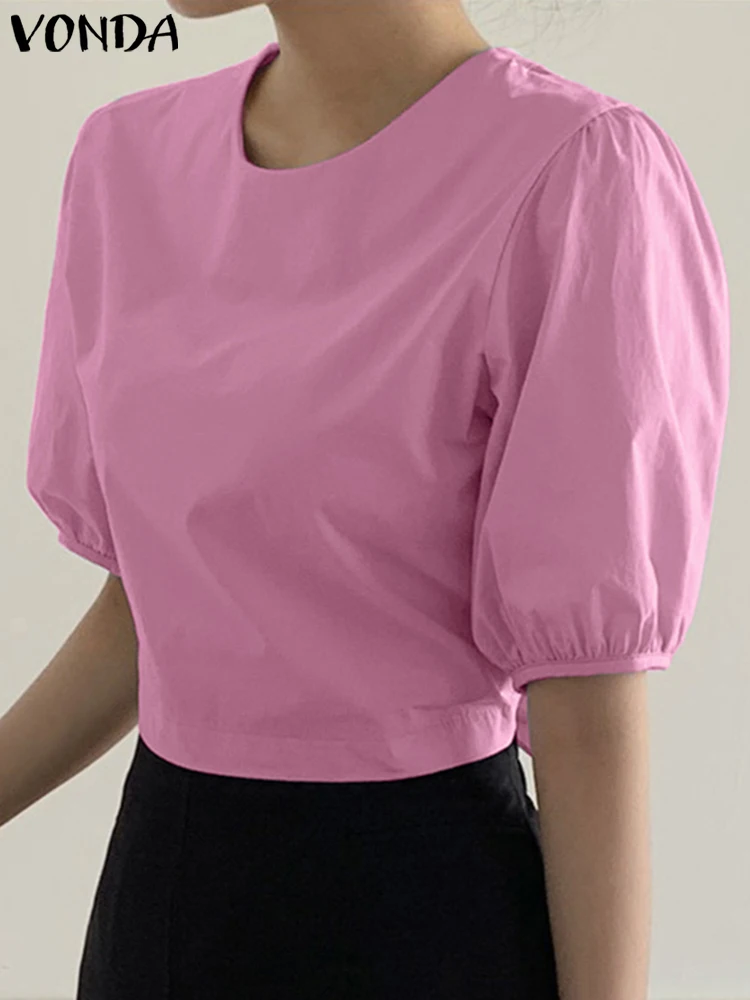 

Женские Модные топы с завязками на спине VONDA, летние рубашки, блузка 2023, повседневные однотонные свободные блузы с коротким рукавом-фонариком