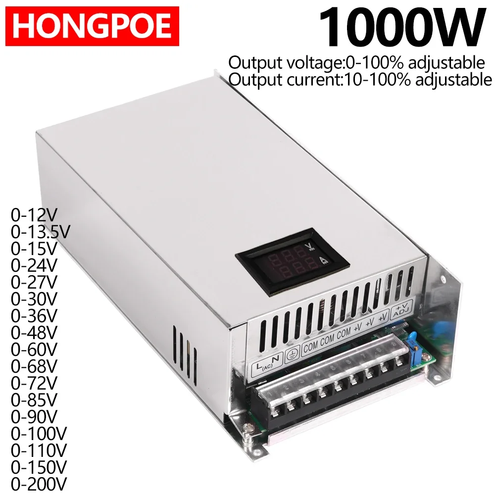

Digital Display Adjustable 1000W Power Supply 0-12V 15V 24V 27V 30V 36V 48V 60V 68V72V 85V 90V 100V 110V 150V 200V Ac To Dc Smps