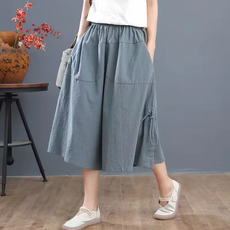 

5XL New Summer Loose Bloomers Casual Elastic Waist Wide Leg Cotton Pants High Waist Women's Solid Color Culottes Cropped Pants