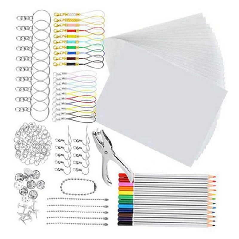 

594 шт. термоусадочный лист для художественной бумаги, пластиковый комплект, перфоратор для отверстий, брелоки, карандаши, DIY Рисование, художественные принадлежности