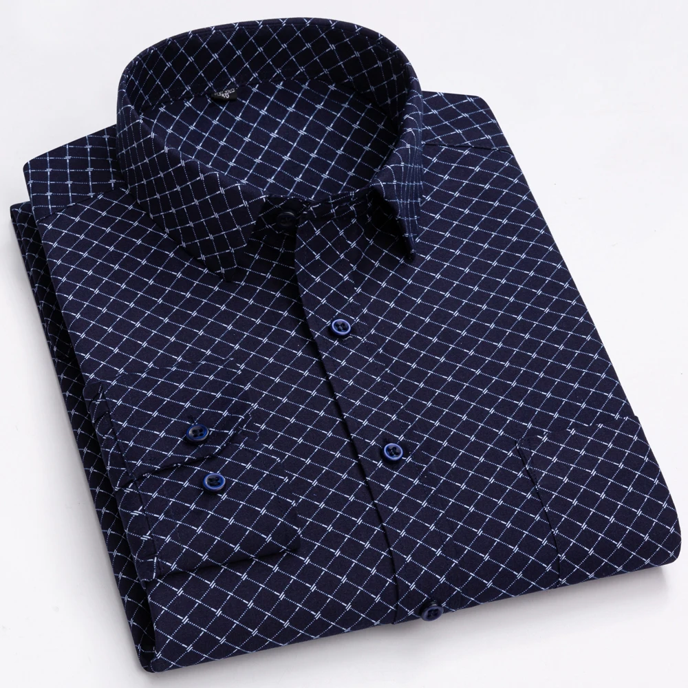 

Men's 65% Cotton Long Sleeve Printed Check Dress Shirt Single Patch Pocket Regular-fit Comfortable Versatile Thin Casual Shirts