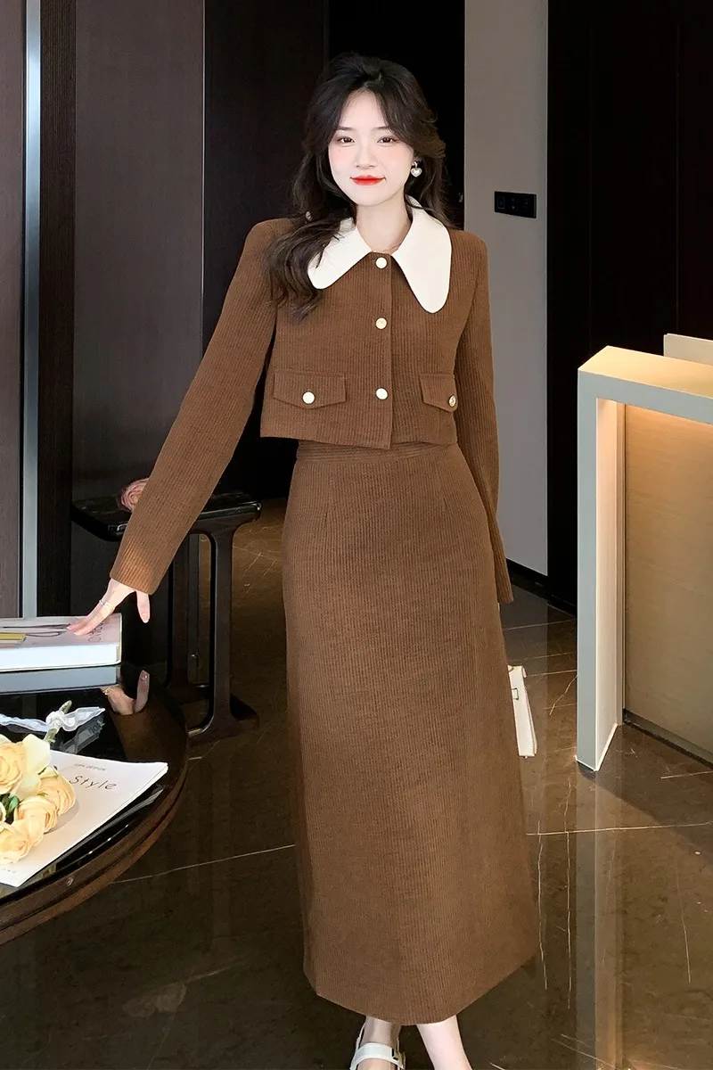 

High Quality Elegant Woman Vintage Corduroy 2 Piece Set Single-Breasted Peter Pan Collar Cropped Top+A Line Long Skirt Suit