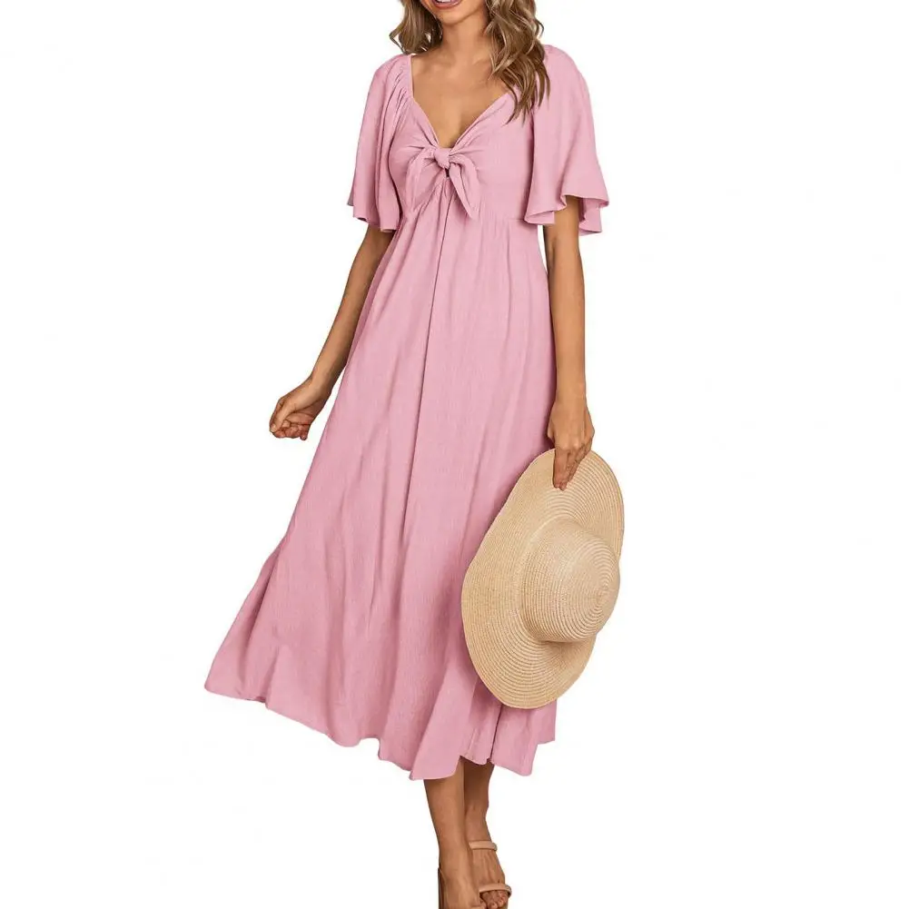 Loose Fit Solid Color Dress Elegant V Neck Midi Dress with Bow Detail Breathable A-line Silhouette for Women for Beach Vacation
Loose Fit Solid Color Dress Elegant V Neck Midi Dress with Bow Detail Breathable A-line Silhouette for Women for Beach Vacation