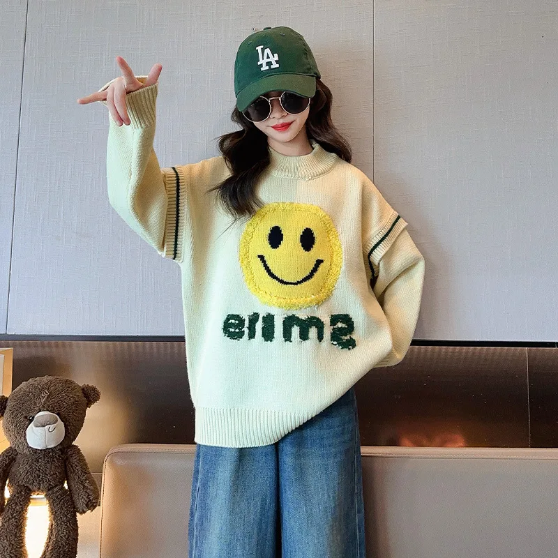 

Korean Autumn Winter Junior Girl Pullover Teenager Girl Smile Face Letter Knitted Tops School Girl Warm Sweater Kids Kintwears