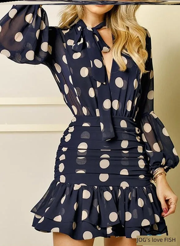 

Autumn French Polka Dot Deep V Ruffle Edge Lantern Sleeve With Feminine Temperament Commuting Short Skirt Blue Dress