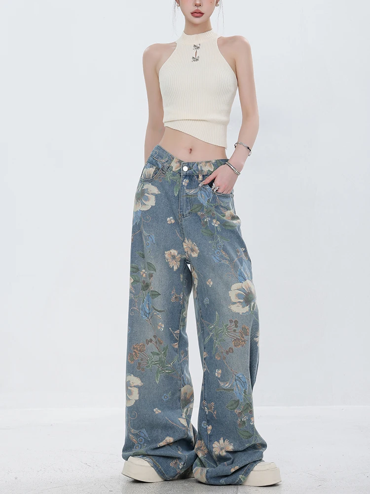 

Fashion Printed Jeans 2024 Retro Floral Denim Mopping Trousers Korean Style High Street Loose Hip Hop Wide-leg Jean Pants