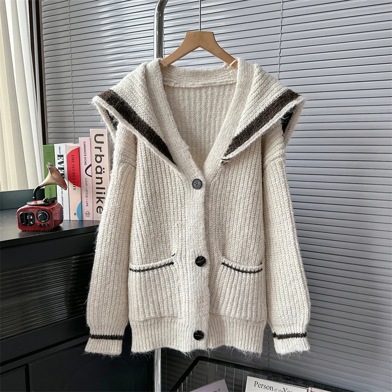 

Preppy Style Sailor Collar Sweater Women Autumn Winter Color Block Single Breasted Mid Long Cardigans Loose Sweet Knitwear