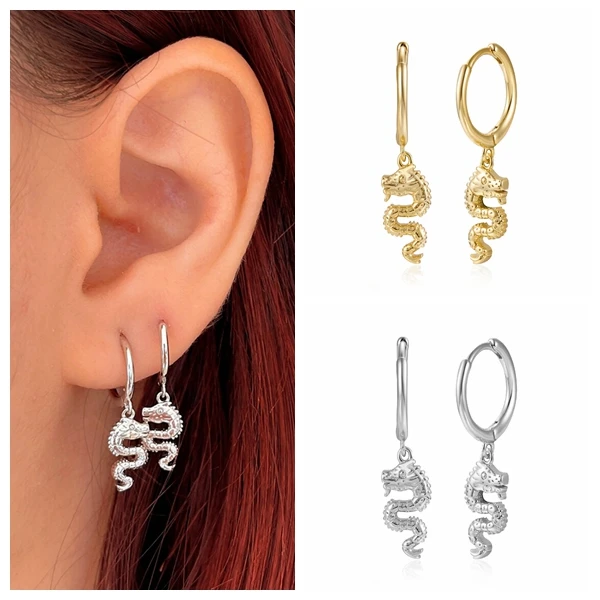 925 Sterling Silver Needle Dragon Shaped Pendant Hoop Earrings for Women Chinese Style Totem Personality Gold Earrings Fashion
925 Sterling Silver Needle Dragon Shaped Pendant Hoop Earrings for Women Chinese Style Totem Personality Gold Earrings Fashion