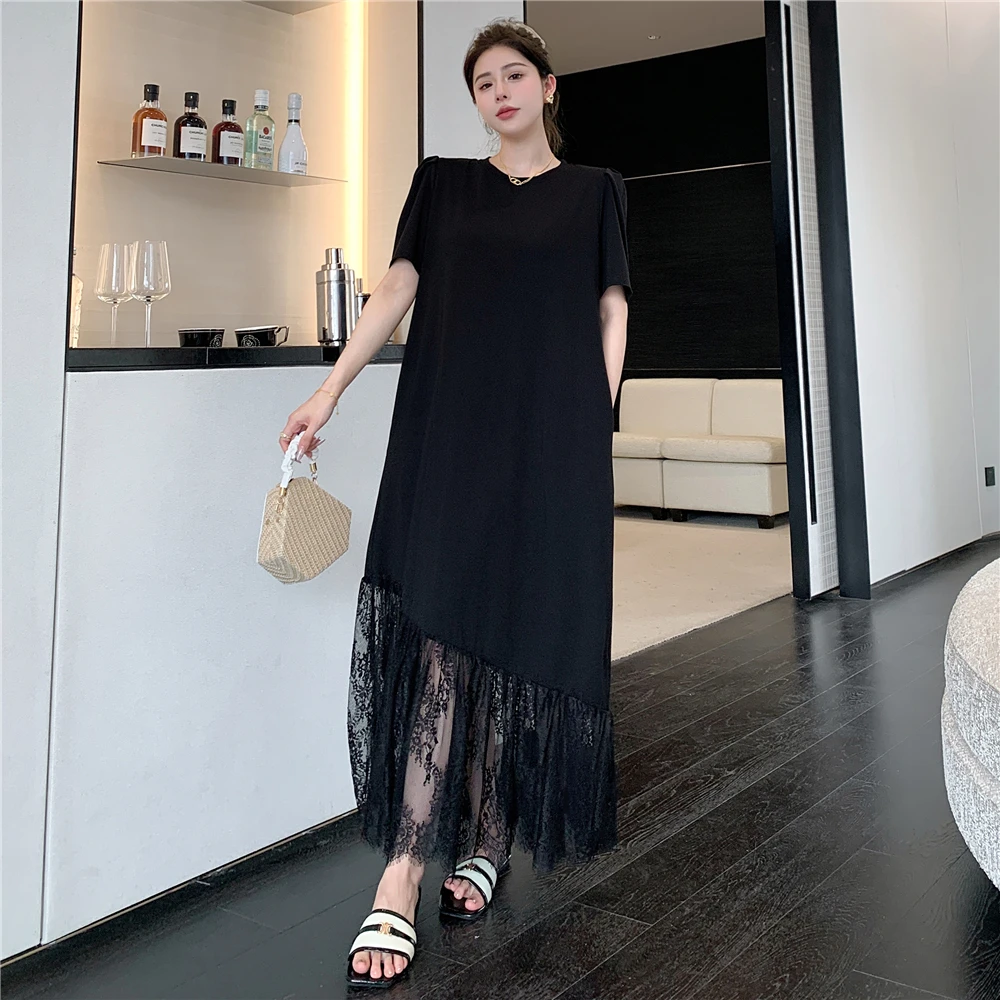 

Платье женское с коротким рукавом, шикарное свободное черное повседневное офисное платье в японском Корейском стиле, в стиле пэчворк, с тесьмой, на лето