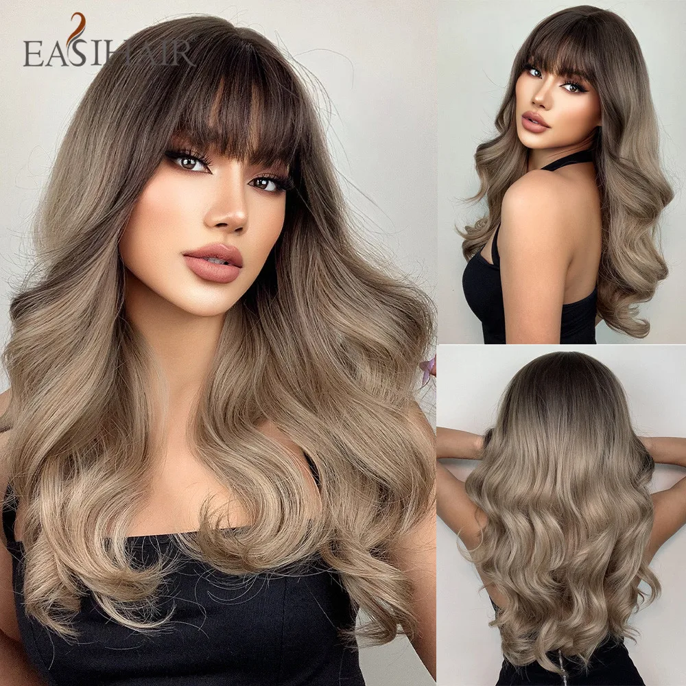 

EASIHAIR Ombre Brown Long Wavy Synthetic Wigs with Bang Ash Brown Blonde Natural Hair Wig for Women Daily Cosplay Heat Resistant