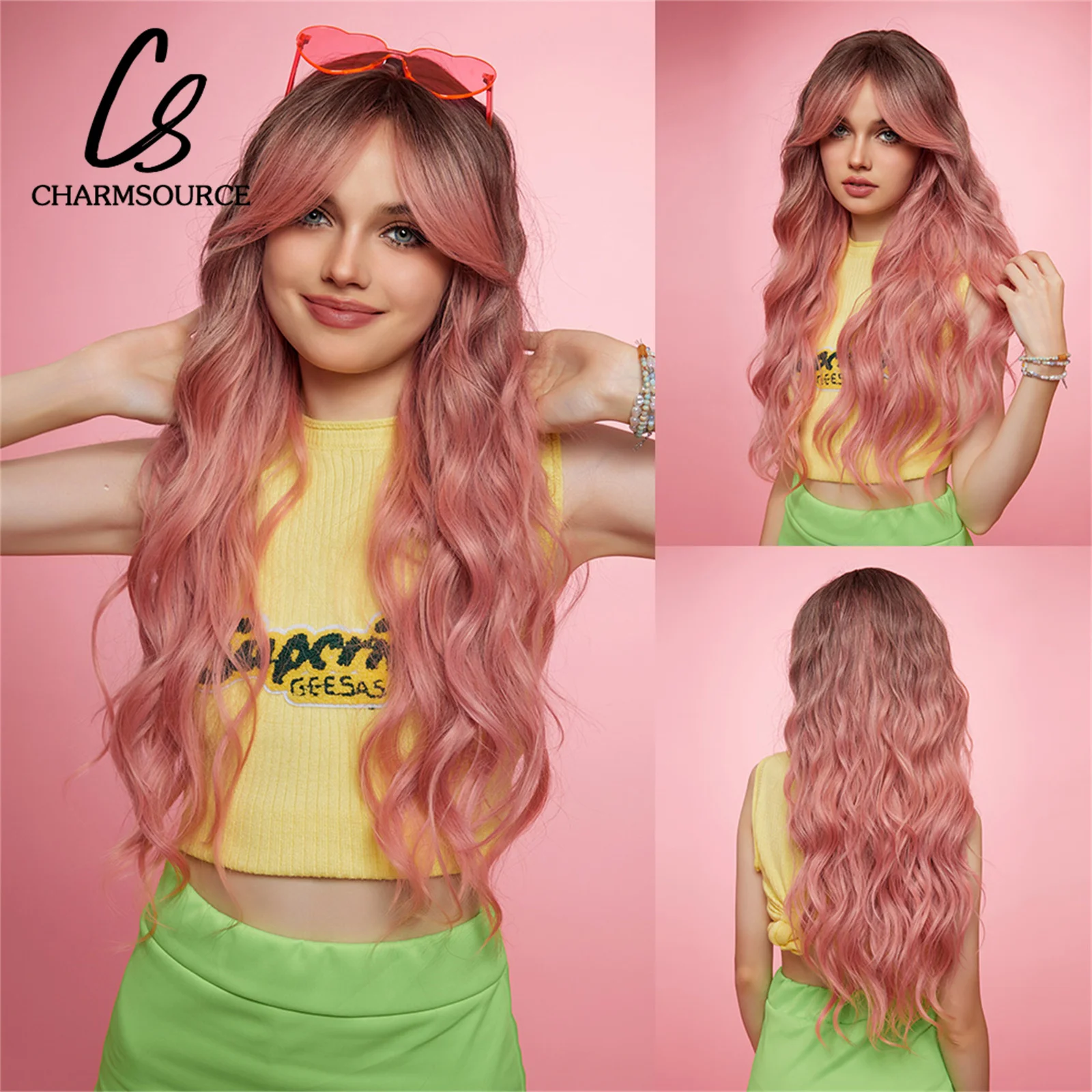 

Pink CharmSource Long Wavy Synthetic Wigs Ombre Brown Curly Wig with Bangs Party and Daily Use Hair for Women Heat Resistant