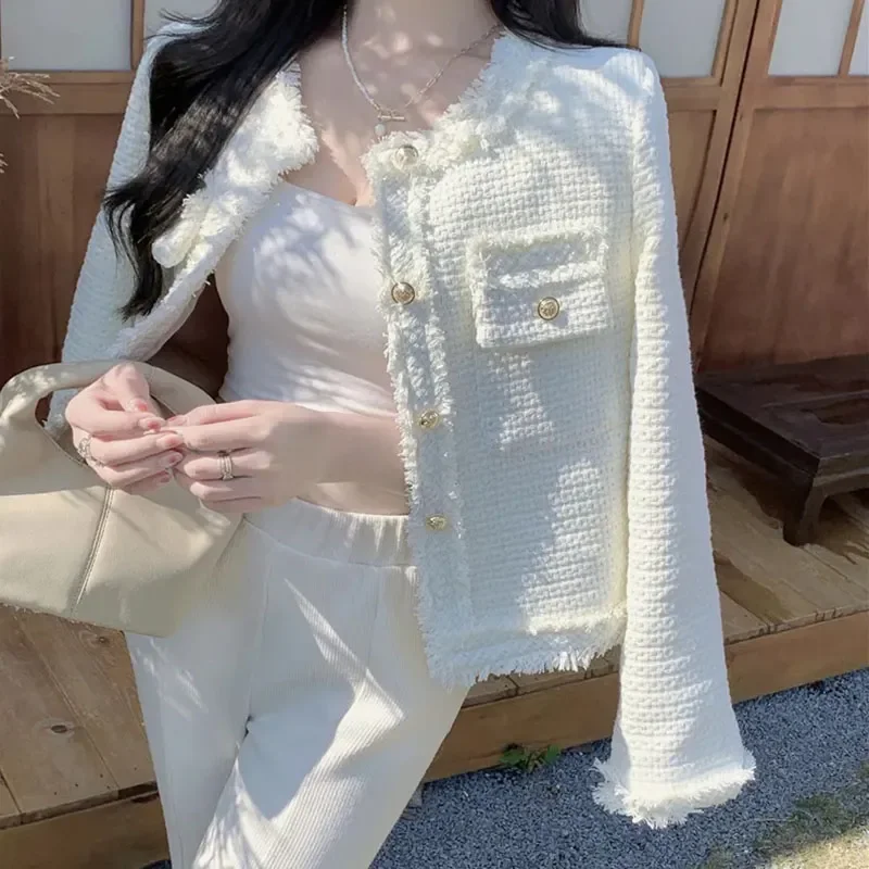 

Женский твидовый пиджак в клетку, белый укороченный пиджак с круглым вырезом и бахромой, однобортный офисный жакет в Корейском стиле на осень