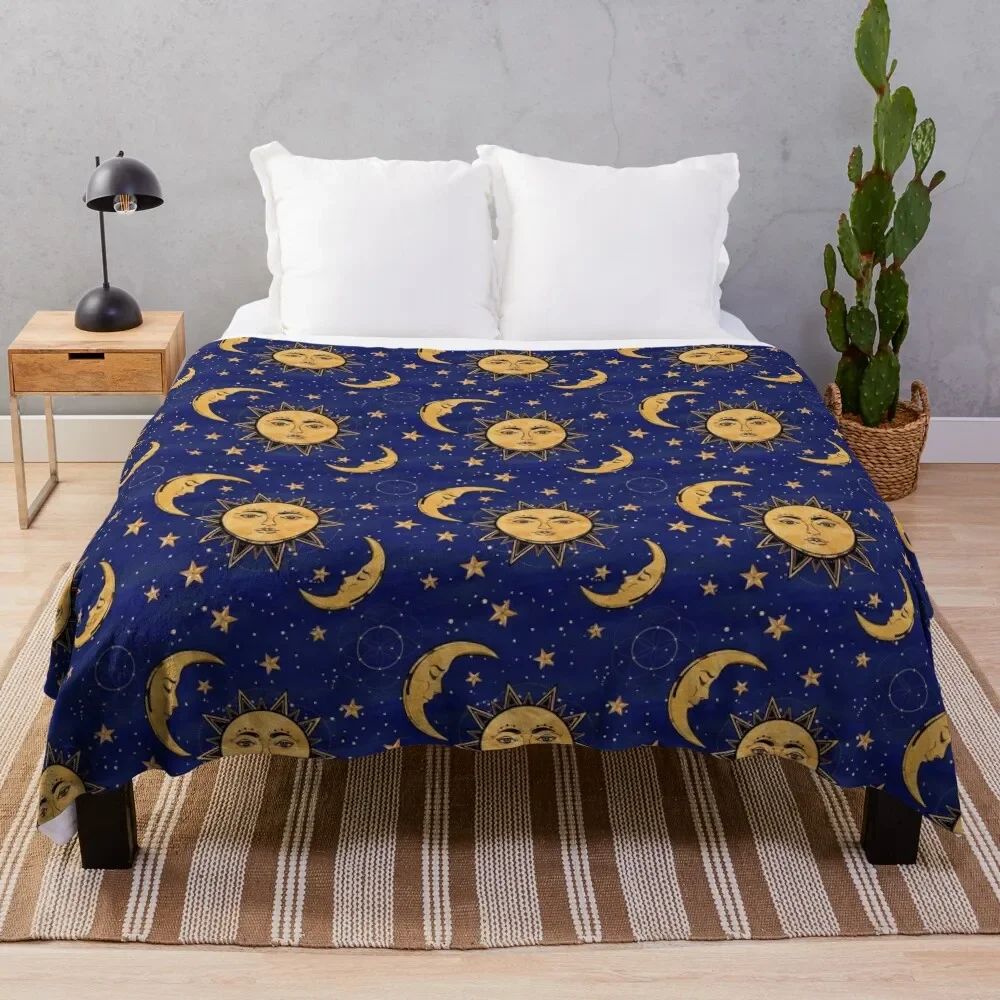 

Vintage moon and sun stars celestial Throw Blanket Decorative Beds Bed Plaid Luxury St Blankets