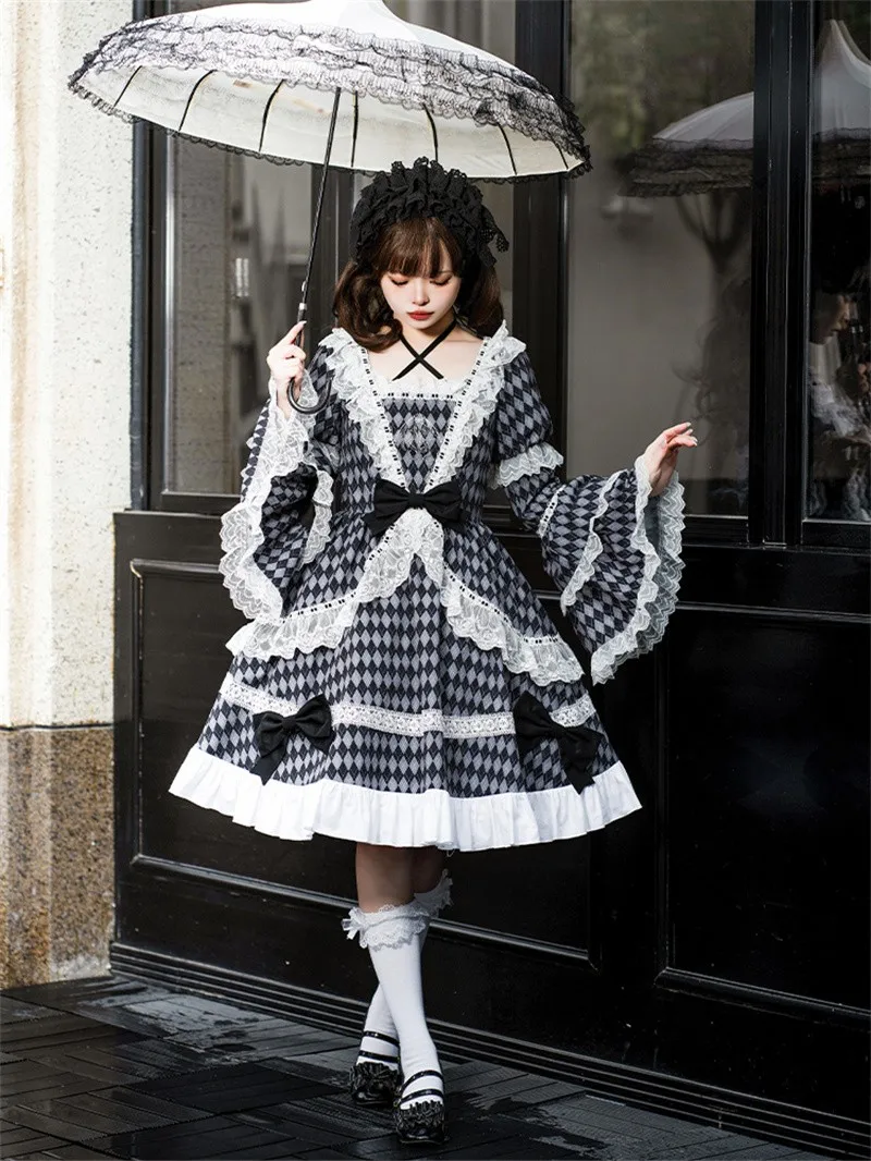 

Spring Autumn Checkerboard Lolita OP Dress Women Black And White Plaid Printed Lace Dress Flare Sleeve Ruffle Dress