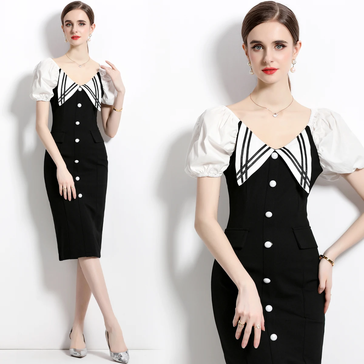 Puff Sleeve Slim Fit Package Hip Dress Little Black Dress Slimming V-neck Dress Roman Cotton HL9106079
Puff Sleeve Slim Fit Package Hip Dress Little Black Dress Slimming V-neck Dress Roman Cotton HL9106079